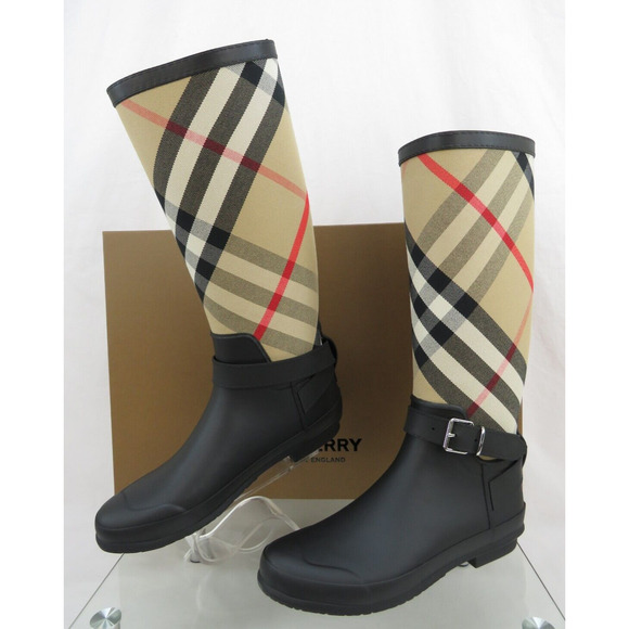BURBERRY SIMEON BLACK RUBBER BEIGE CHECK LOGO KNEE HIGH RAIN BOOTS US 8 EU 38 - Picture 4 of 14